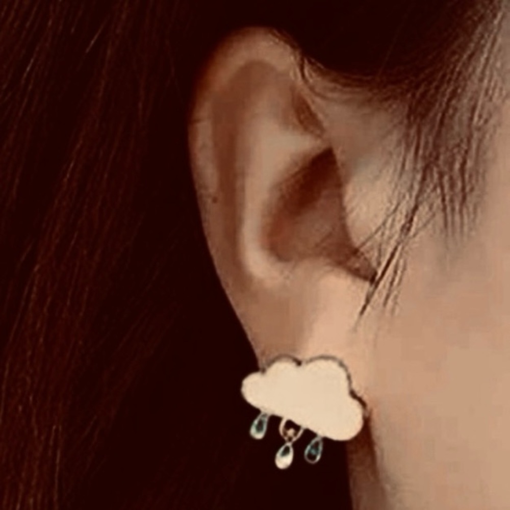 Stormy Skies- Rain Drop Cloud Blue White Enamel Dainty Mini Dangle Gunmetal Stud - Picture 6 of 14